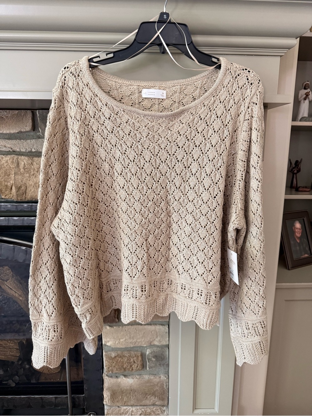 LC Lauren Conrad 3X Beige Open Knit Pointelle Sweater Metallic Scallop Hem NWT